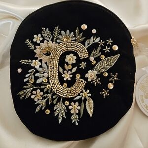 Floral Embroidered Black Velvet Pouch Monogram C